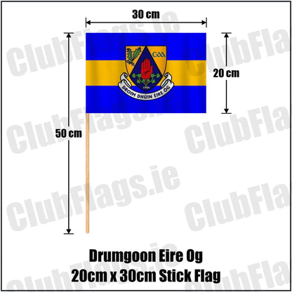 Drumgoon Eire Og 20cm x 30cm Stick Flag in blue and amber, featuring the club crest on realistic fabric with gentle vertical folds; County Cavan GAA. ClubFlags.ie.