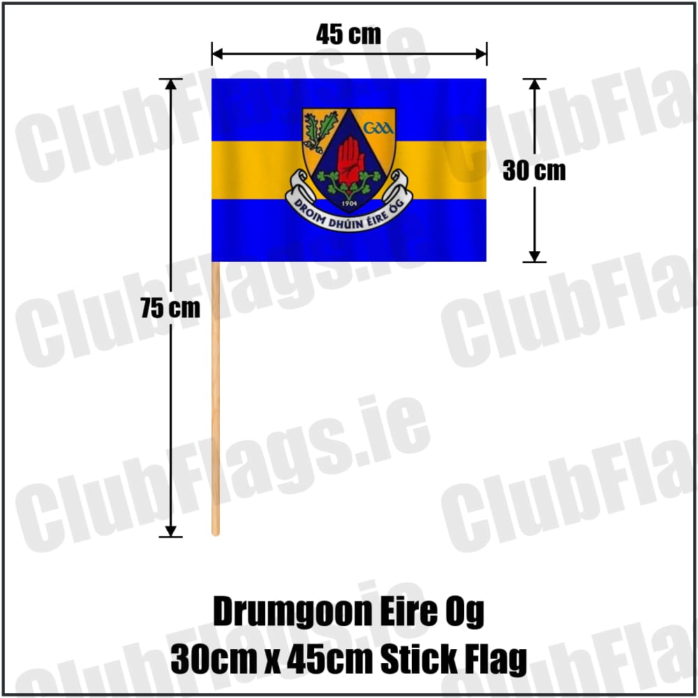 Drumgoon Eire Og 30cm x 45cm Stick Flag in blue and amber, featuring the club crest on realistic fabric with gentle vertical folds; County Cavan GAA. ClubFlags.ie.