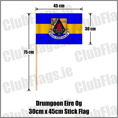 Drumgoon Eire Og 30cm x 45cm Stick Flag in blue and amber, featuring the club crest on realistic fabric with gentle vertical folds; County Cavan GAA. ClubFlags.ie.