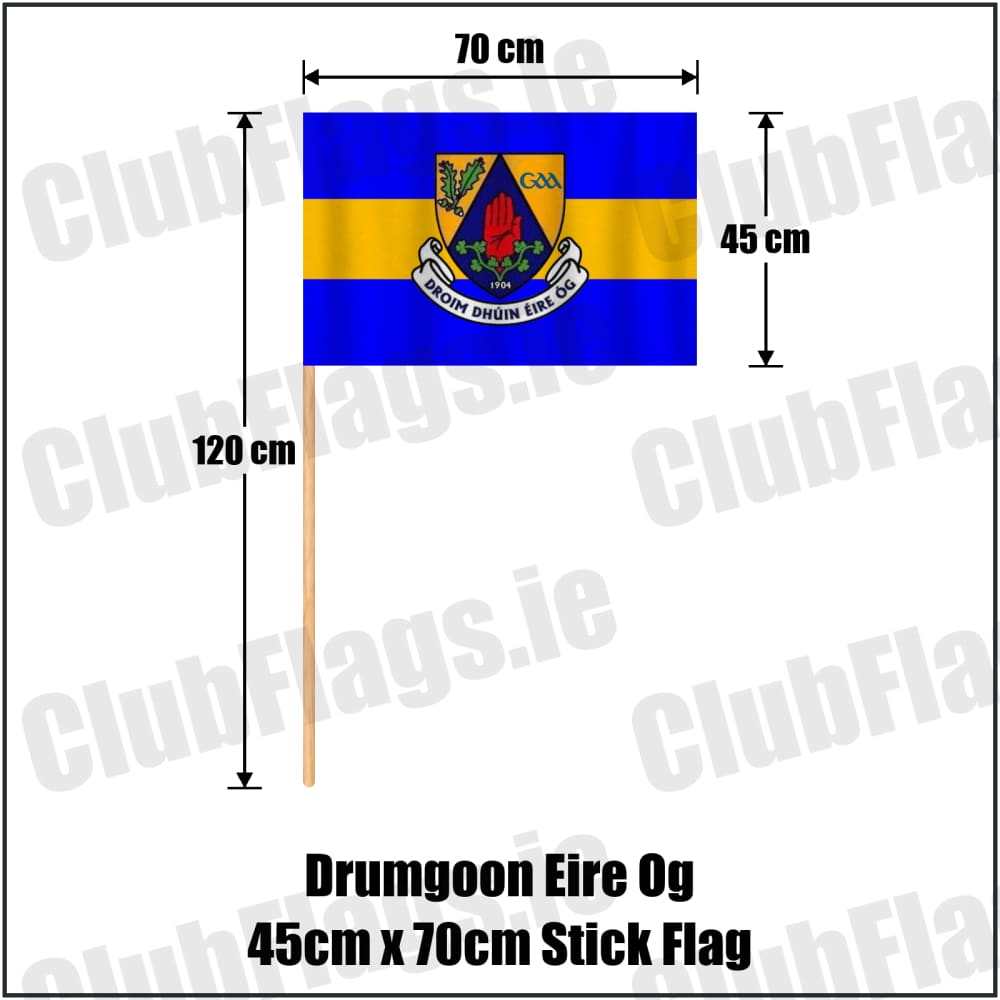 Drumgoon Eire Og 45cm x 70cm Stick Flag in blue and amber, featuring the club crest on realistic fabric with gentle vertical folds; County Cavan GAA. ClubFlags.ie.