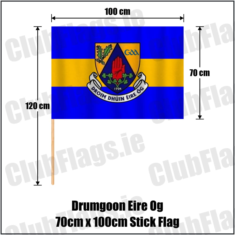 Drumgoon Eire Og 70cm x 100cm Stick Flag in blue and amber, featuring the club crest on realistic fabric with gentle vertical folds; County Cavan GAA. ClubFlags.ie.