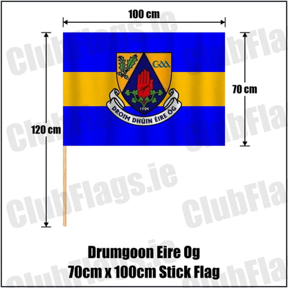 Drumgoon Eire Og 70cm x 100cm Stick Flag in blue and amber, featuring the club crest on realistic fabric with gentle vertical folds; County Cavan GAA. ClubFlags.ie.