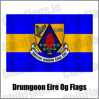 Drumgoon Eire Og Flags in blue and amber, featuring the club crest on realistic fabric with gentle vertical folds; County Cavan GAA. ClubFlags.ie.