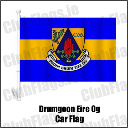 Drumgoon Eire Og Car Flag in blue and amber, featuring the club crest on realistic fabric with gentle vertical folds; County Cavan GAA. ClubFlags.ie.