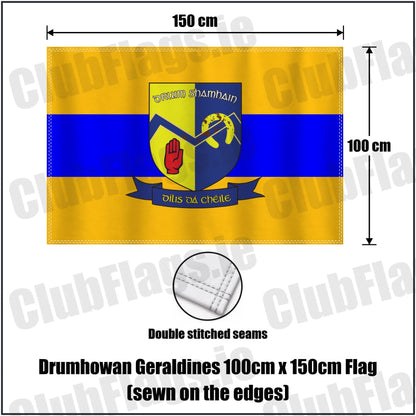 Drumhowan Geraldines 100cm x 150cm Flag (sewn on the edges) in gold and blue, featuring the club crest on realistic fabric with gentle vertical folds; County Monaghan GAA. ClubFlags.ie.