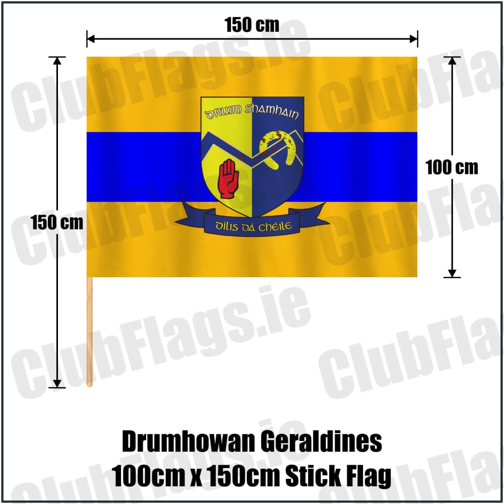 Drumhowan Geraldines 100cm x 150cm Stick Flag in gold and blue, featuring the club crest on realistic fabric with gentle vertical folds; County Monaghan GAA. ClubFlags.ie.