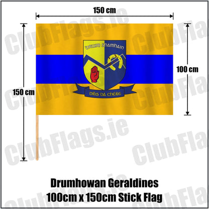 Drumhowan Geraldines 100cm x 150cm Stick Flag in gold and blue, featuring the club crest on realistic fabric with gentle vertical folds; County Monaghan GAA. ClubFlags.ie.