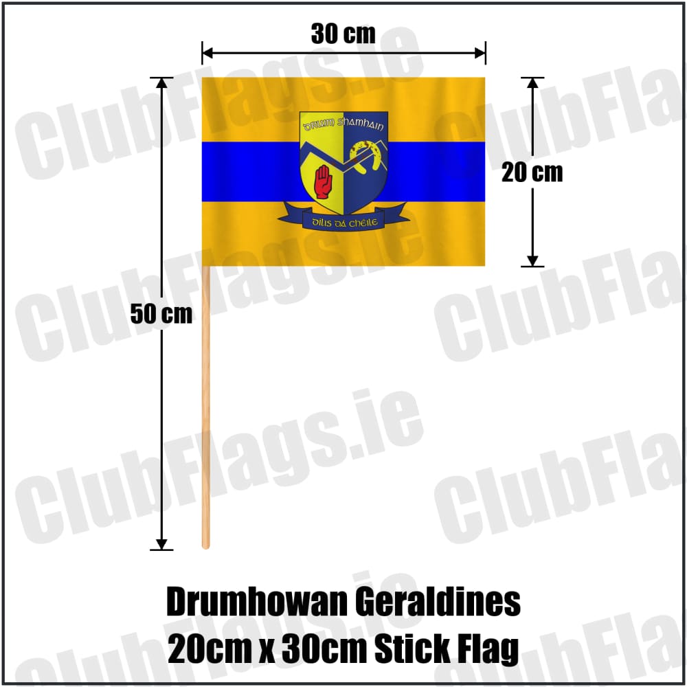 Drumhowan Geraldines 20cm x 30cm Stick Flag in gold and blue, featuring the club crest on realistic fabric with gentle vertical folds; County Monaghan GAA. ClubFlags.ie.