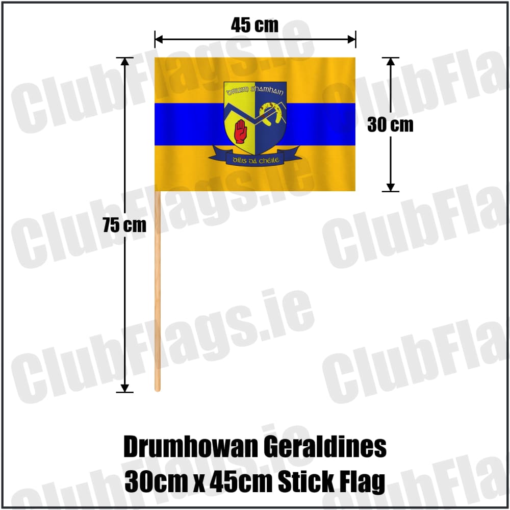 Drumhowan Geraldines 30cm x 45cm Stick Flag in gold and blue, featuring the club crest on realistic fabric with gentle vertical folds; County Monaghan GAA. ClubFlags.ie.