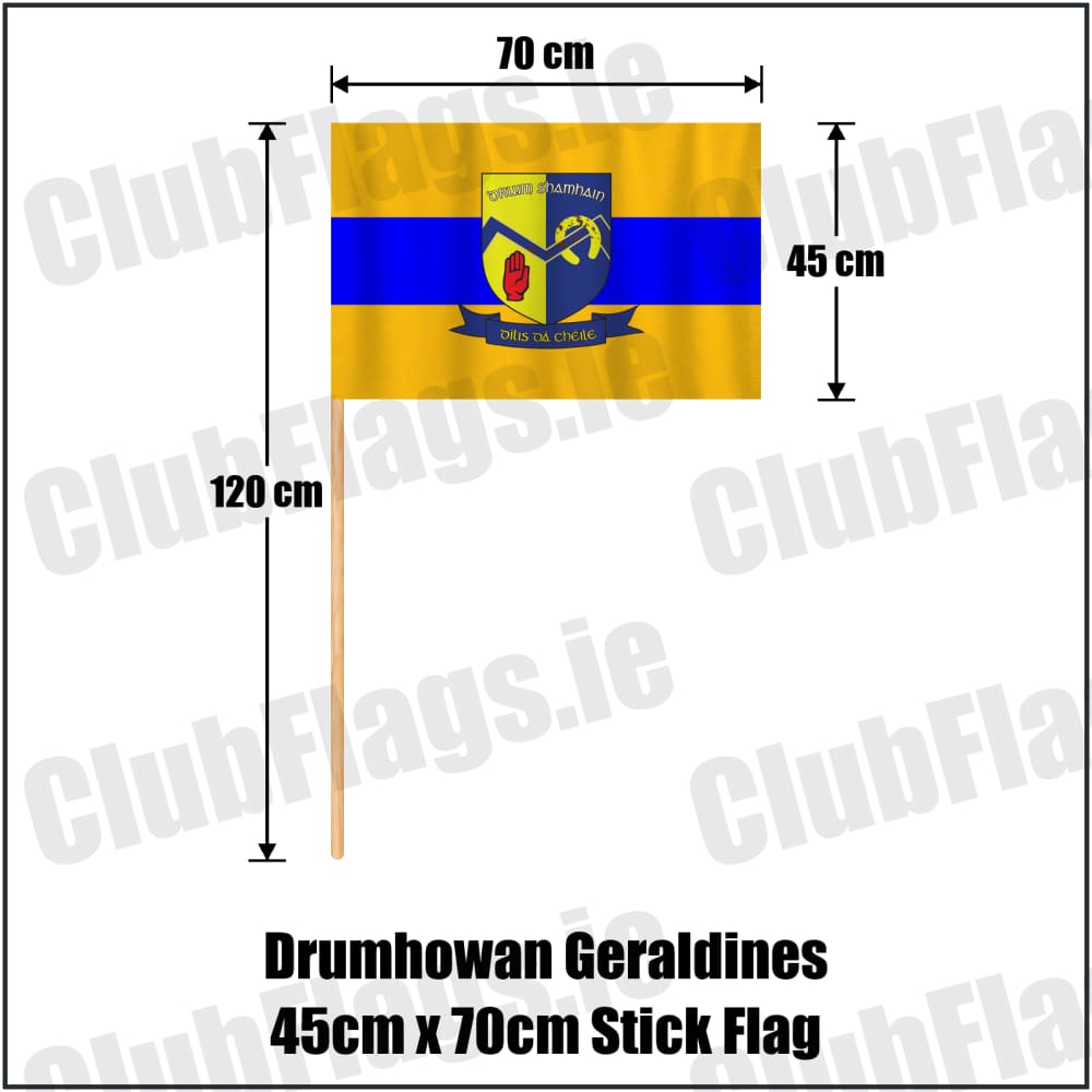 Drumhowan Geraldines 45cm x 70cm Stick Flag in gold and blue, featuring the club crest on realistic fabric with gentle vertical folds; County Monaghan GAA. ClubFlags.ie.