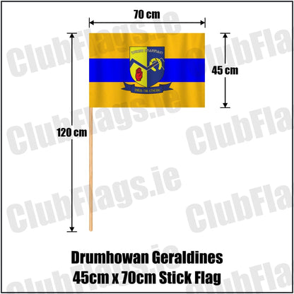 Drumhowan Geraldines 45cm x 70cm Stick Flag in gold and blue, featuring the club crest on realistic fabric with gentle vertical folds; County Monaghan GAA. ClubFlags.ie.
