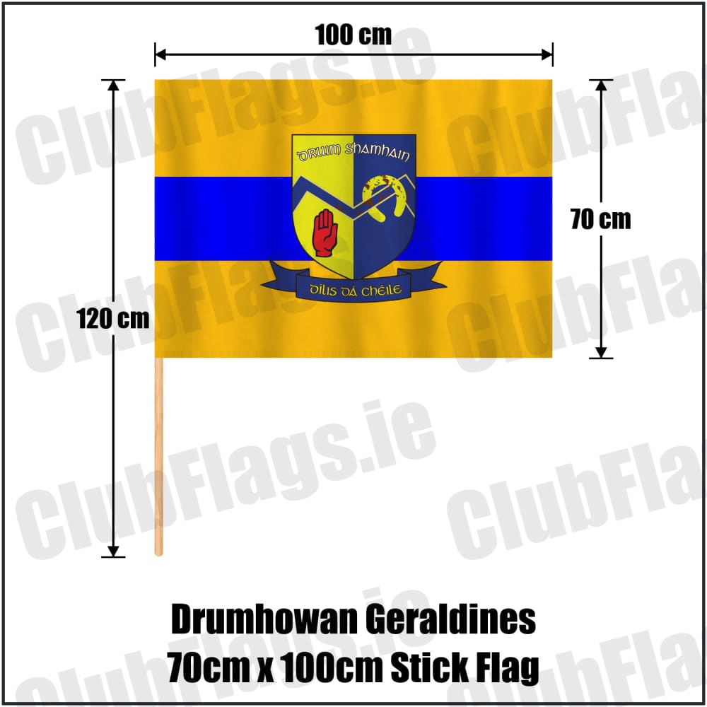 Drumhowan Geraldines 70cm x 100cm Stick Flag in gold and blue, featuring the club crest on realistic fabric with gentle vertical folds; County Monaghan GAA. ClubFlags.ie.