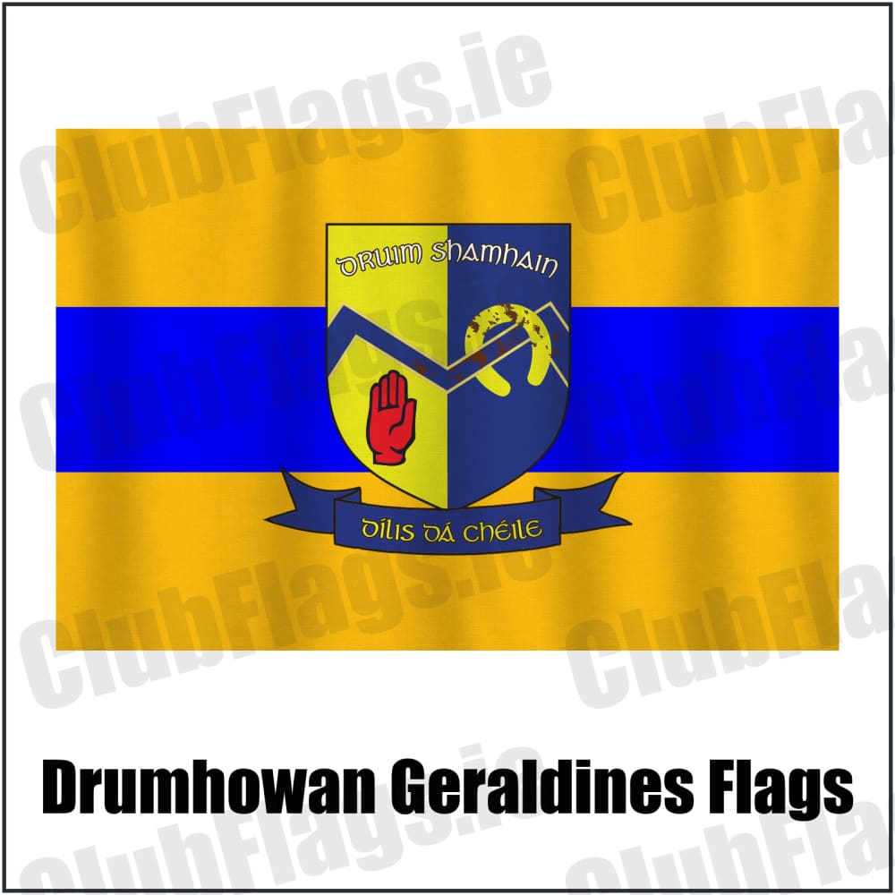 Drumhowan Geraldines Flags in gold and blue, featuring the club crest on realistic fabric with gentle vertical folds; County Monaghan GAA. ClubFlags.ie.