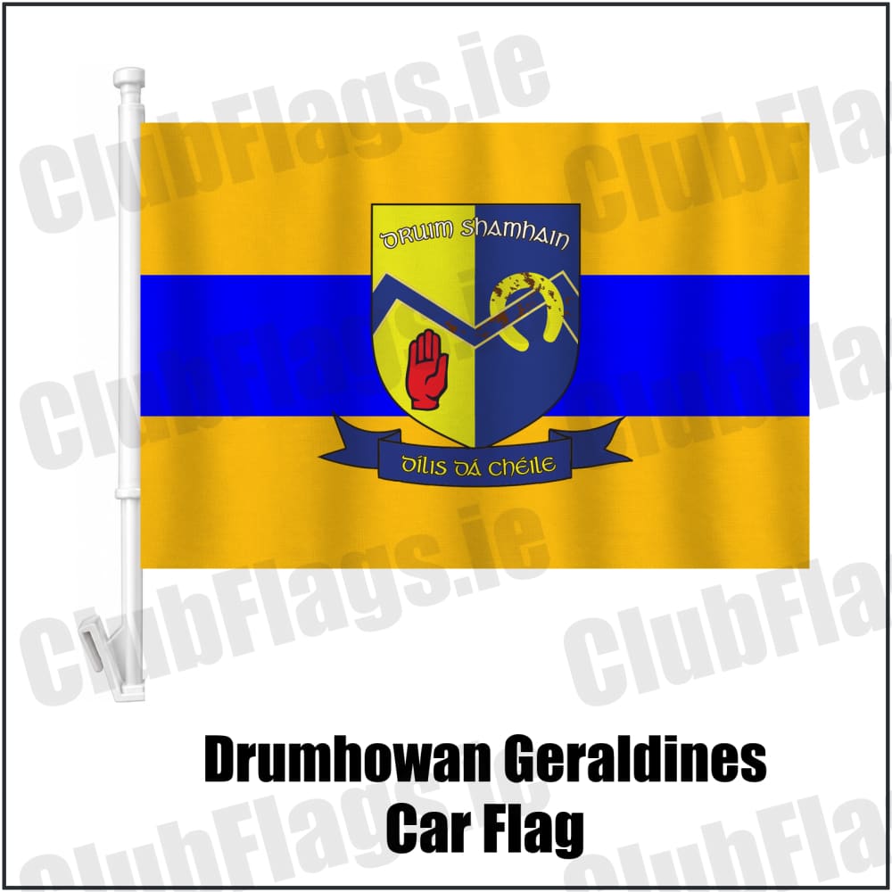 Drumhowan Geraldines Car Flag in gold and blue, featuring the club crest on realistic fabric with gentle vertical folds; County Monaghan GAA. ClubFlags.ie.
