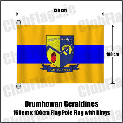 Drumhowan Geraldines 150cm x 100cm Flag Pole Flag with Rings in gold and blue, featuring the club crest on realistic fabric with gentle vertical folds; County Monaghan GAA. ClubFlags.ie.