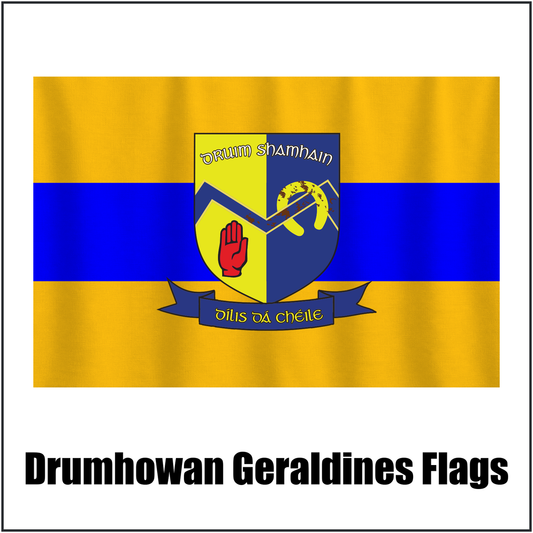 Drumhowan Geraldines Flags, featuring the club crest and gold and blue colours; County Monaghan GAA. ClubFlags.ie.