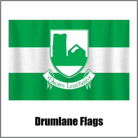 Drumlane Flags, featuring the club crest and green and white colours; County Cavan GAA. ClubFlags.ie.