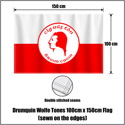 Drumquin Wolfe Tones 100cm x 150cm Flag (sewn on the edges), featuring the club crest and white and red colours; County Tyrone GAA. ClubFlags.ie.