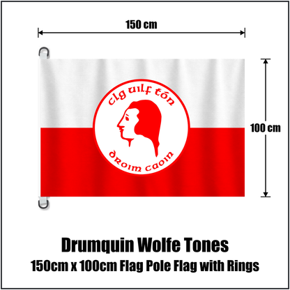 Drumquin Wolfe Tones 150cm x 100cm Flag Pole Flag with Rings, featuring the club crest and white and red colours; County Tyrone GAA. ClubFlags.ie.