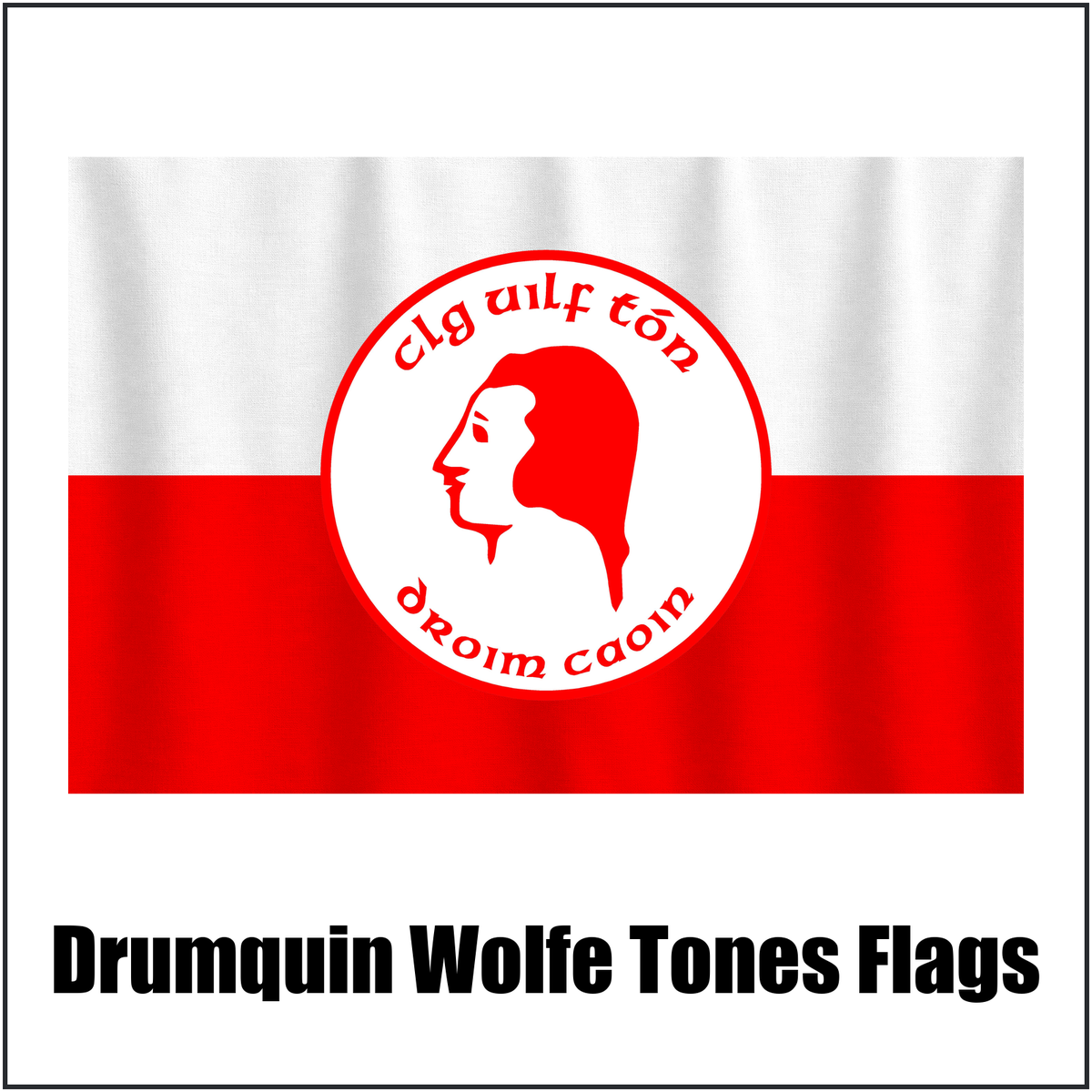 Drumquin Wolfe Tones Flags, featuring the club crest and white and red colours; County Tyrone GAA. ClubFlags.ie.