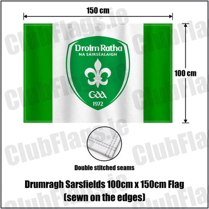 Drumragh Sarsfields 100cm x 150cm Flag (sewn on the edges) in green and white, featuring the club crest on realistic fabric with gentle vertical folds; County Tyrone GAA. ClubFlags.ie.