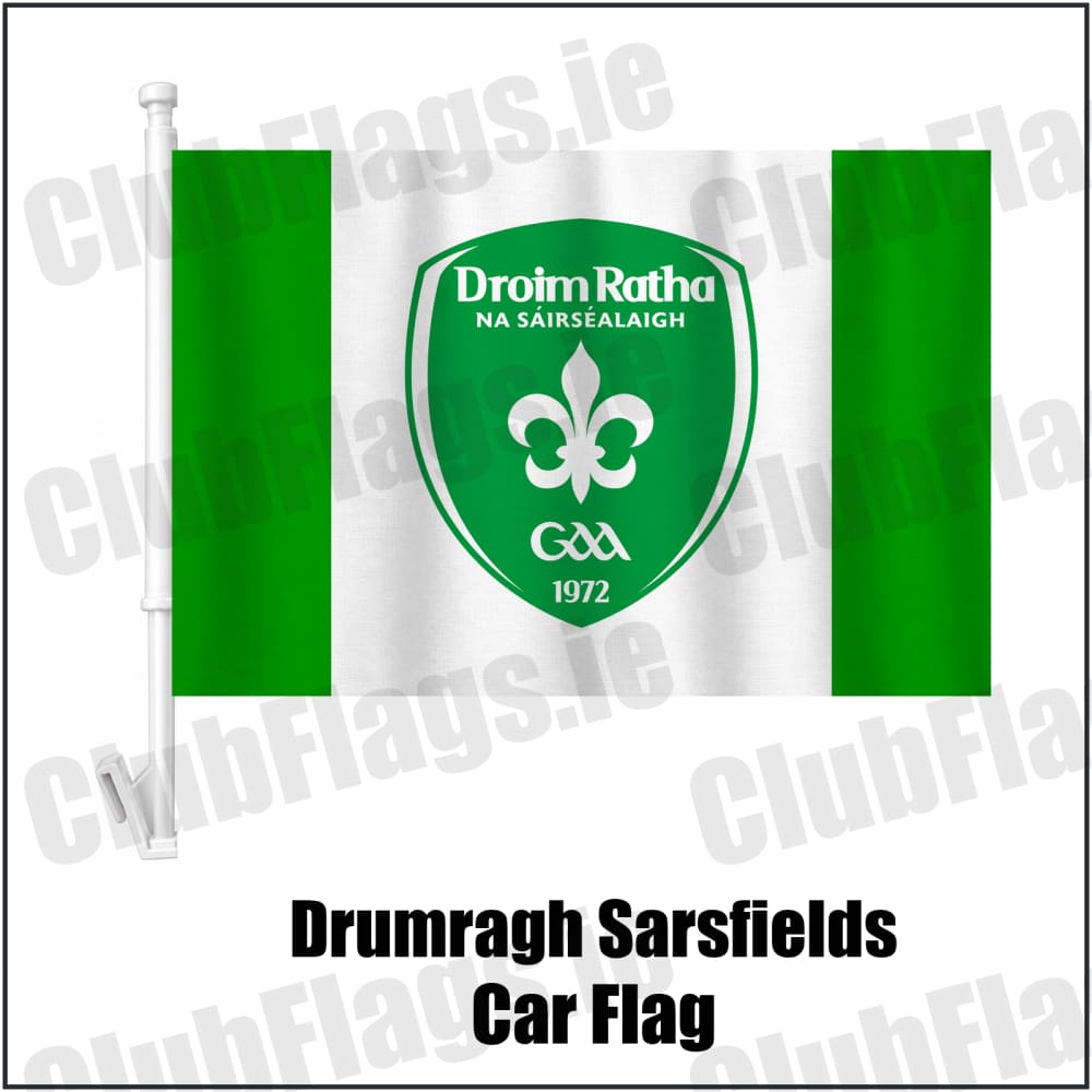 Drumragh Sarsfields Car Flag in green and white, featuring the club crest on realistic fabric with gentle vertical folds; County Tyrone GAA. ClubFlags.ie.