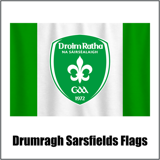 Drumragh Sarsfields Flags, featuring the club crest and green and white colours; County Tyrone GAA. ClubFlags.ie.