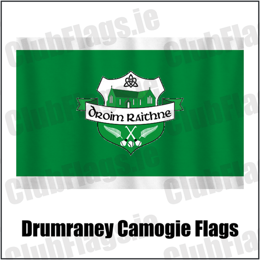 Drumraney Camogie Flags, featuring the club crest and green and white colours; County Westmeath camogie. ClubFlags.ie.