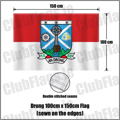 Drung 100cm x 150cm Flag (sewn on the edges) in red and white, featuring the club crest on realistic fabric with gentle vertical folds; County Cavan GAA. ClubFlags.ie.