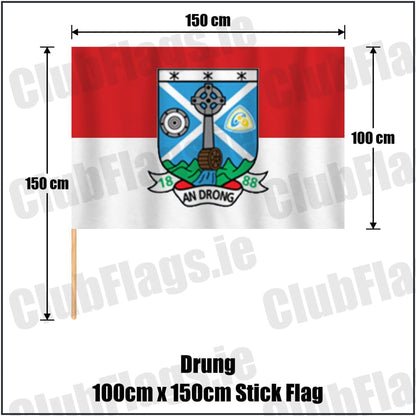 Drung 100cm x 150cm Stick Flag in red and white, featuring the club crest on realistic fabric with gentle vertical folds; County Cavan GAA. ClubFlags.ie.
