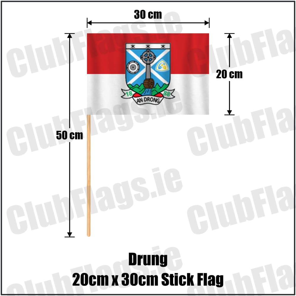 Drung 20cm x 30cm Stick Flag in red and white, featuring the club crest on realistic fabric with gentle vertical folds; County Cavan GAA. ClubFlags.ie.