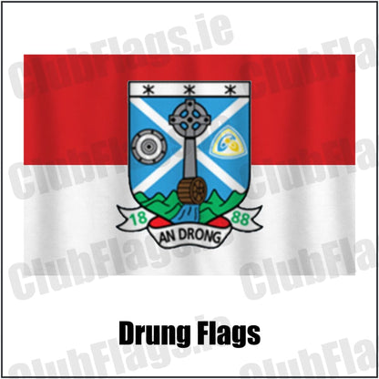 Drung Flags in red and white, featuring the club crest on realistic fabric with gentle vertical folds; County Cavan GAA. ClubFlags.ie.