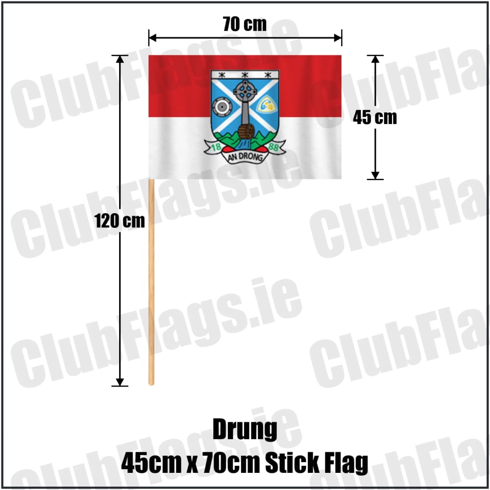 Drung 45cm x 70cm Stick Flag in red and white, featuring the club crest on realistic fabric with gentle vertical folds; County Cavan GAA. ClubFlags.ie.