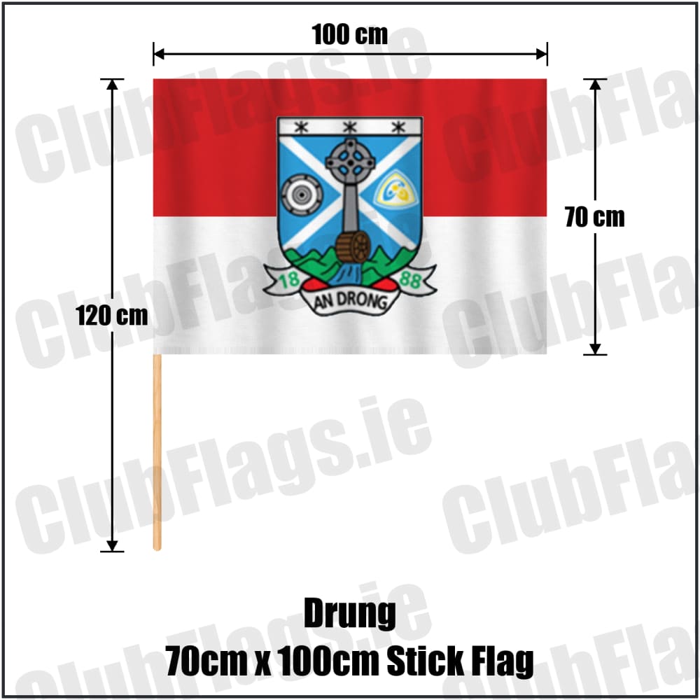 Drung 70cm x 100cm Stick Flag in red and white, featuring the club crest on realistic fabric with gentle vertical folds; County Cavan GAA. ClubFlags.ie.