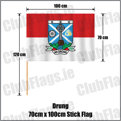 Drung 70cm x 100cm Stick Flag in red and white, featuring the club crest on realistic fabric with gentle vertical folds; County Cavan GAA. ClubFlags.ie.
