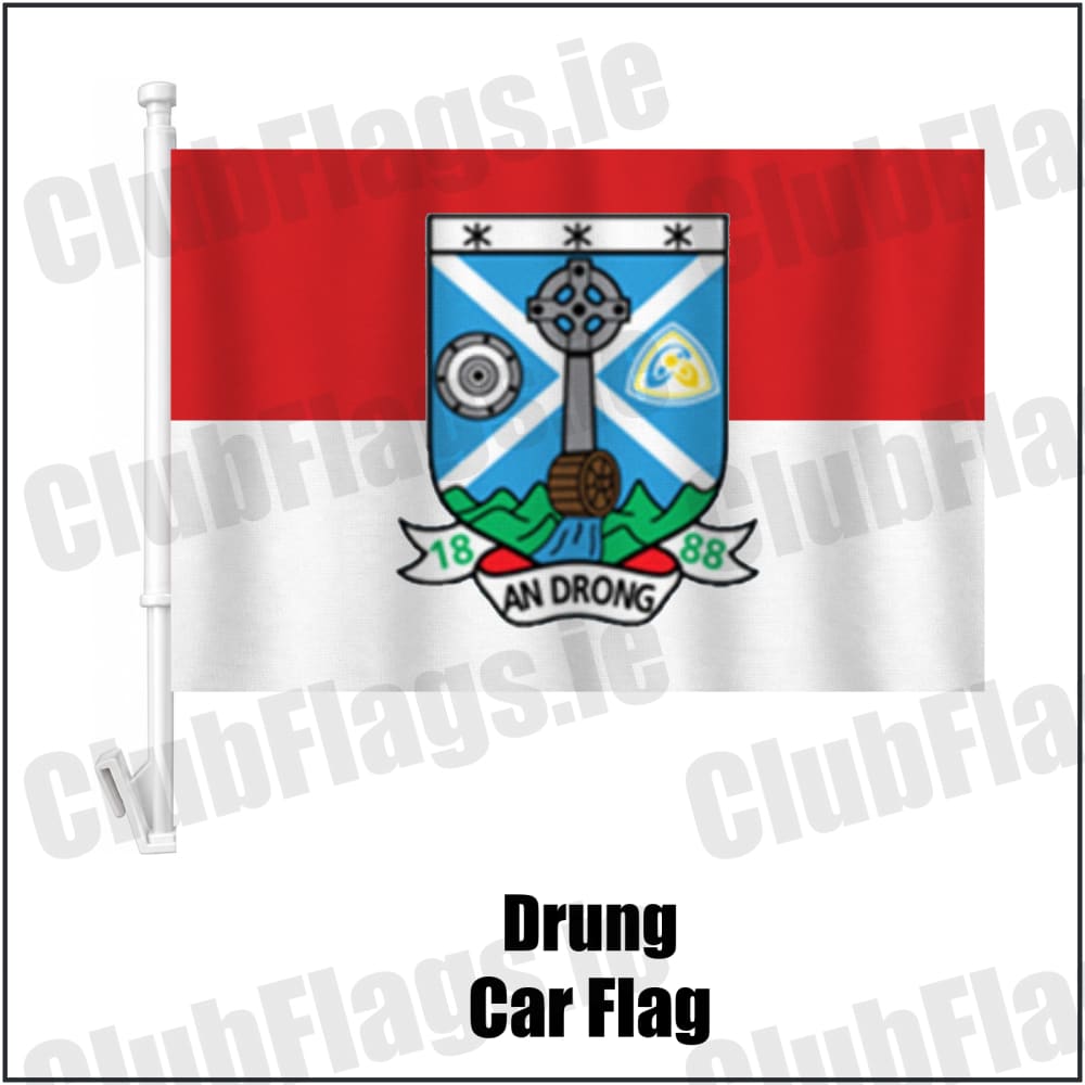 Drung Car Flag in red and white, featuring the club crest on realistic fabric with gentle vertical folds; County Cavan GAA. ClubFlags.ie.