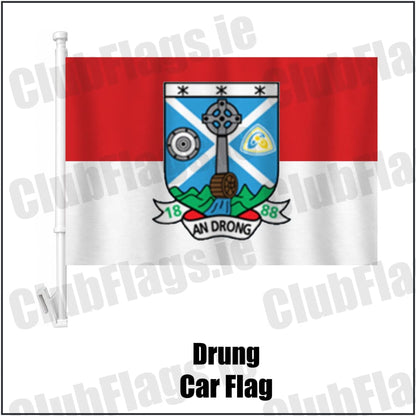 Drung Car Flag in red and white, featuring the club crest on realistic fabric with gentle vertical folds; County Cavan GAA. ClubFlags.ie.