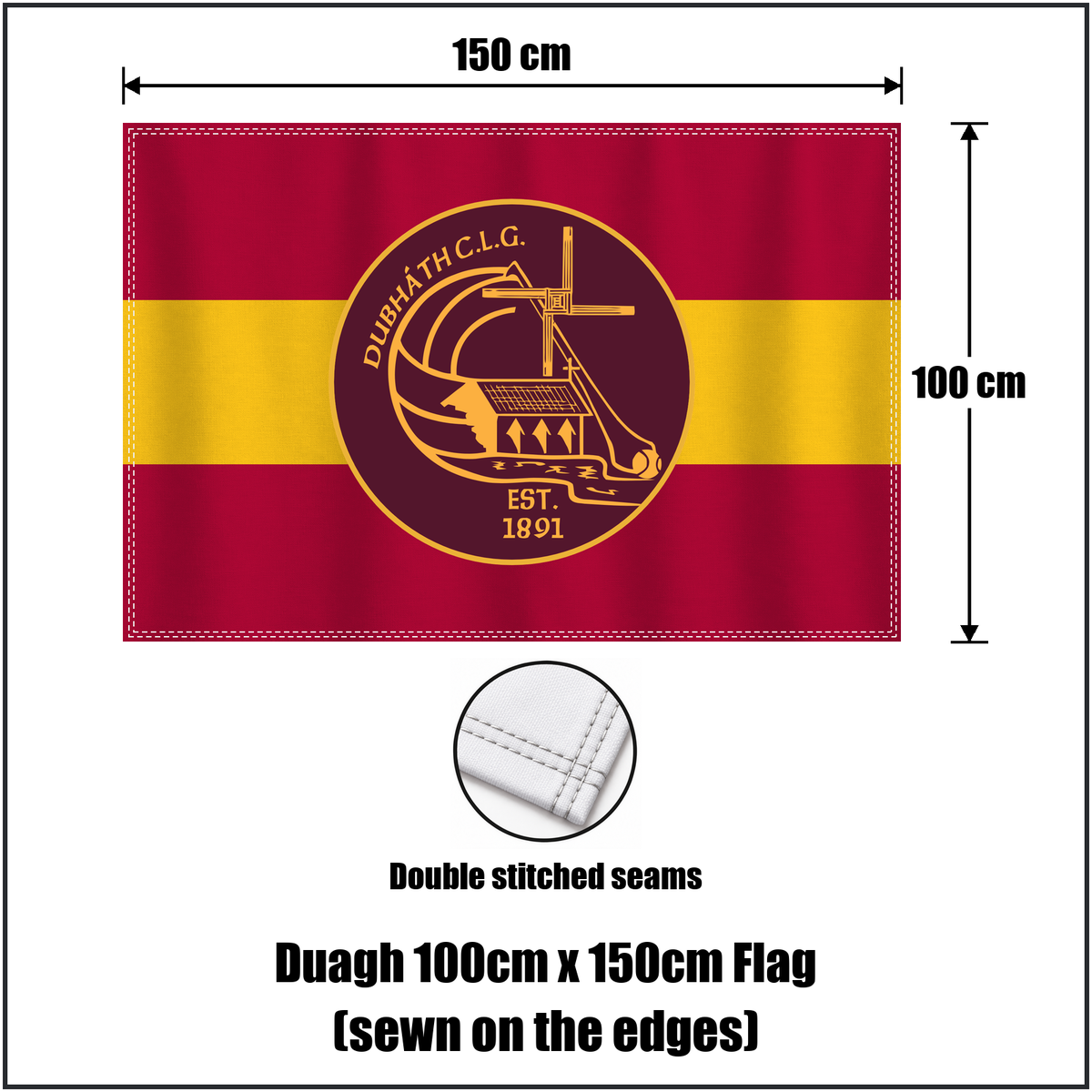 Duagh 100cm x 150cm Flag (sewn on the edges), featuring the club crest and maroon and gold colours; County Kerry GAA. ClubFlags.ie.