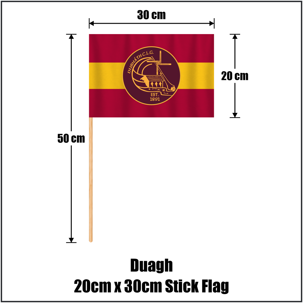 Duagh 20cm x 30cm Stick Flag, featuring the club crest and maroon and gold colours; County Kerry GAA. ClubFlags.ie.