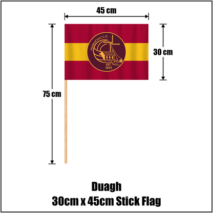 Duagh 30cm x 45cm Stick Flag, featuring the club crest and maroon and gold colours; County Kerry GAA. ClubFlags.ie.