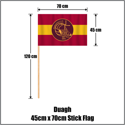 Duagh 45cm x 70cm Stick Flag, featuring the club crest and maroon and gold colours; County Kerry GAA. ClubFlags.ie.