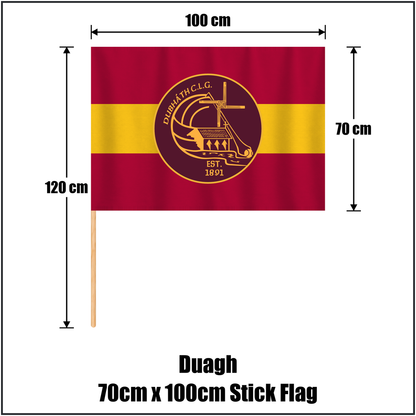 Duagh 70cm x 100cm Stick Flag, featuring the club crest and maroon and gold colours; County Kerry GAA. ClubFlags.ie.