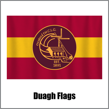 Duagh Flags, featuring the club crest and maroon and gold colours; County Kerry GAA. ClubFlags.ie.