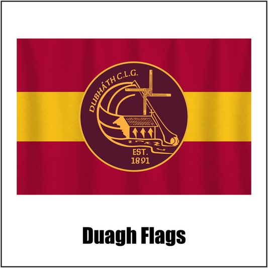 Duagh Flags, featuring the club crest and maroon and gold colours; County Kerry GAA. ClubFlags.ie.