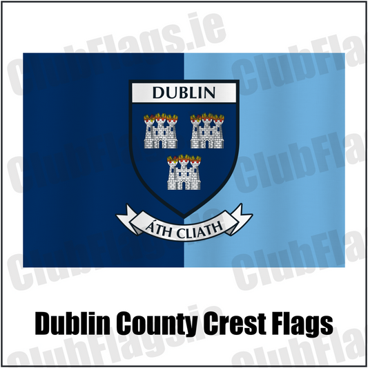 Dublin county crest flag in dark blue and light blue, with county name and crest.