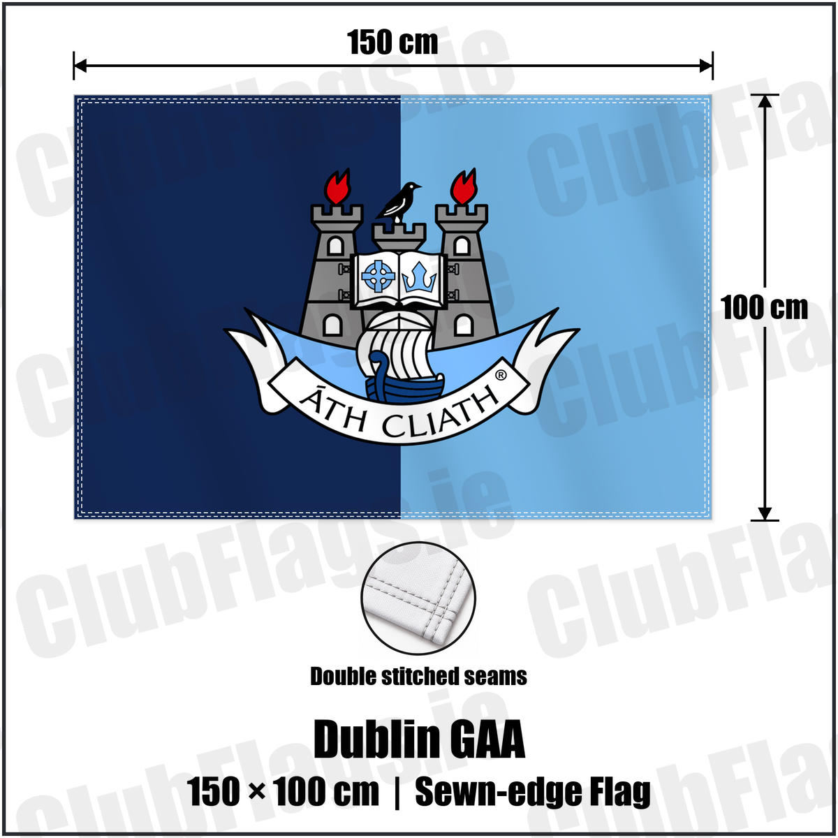 Dublin GAA 100cm x 150cm Flag (sewn on the edges) with the club crest and colours, Dublin GAA - ClubFlags.ie