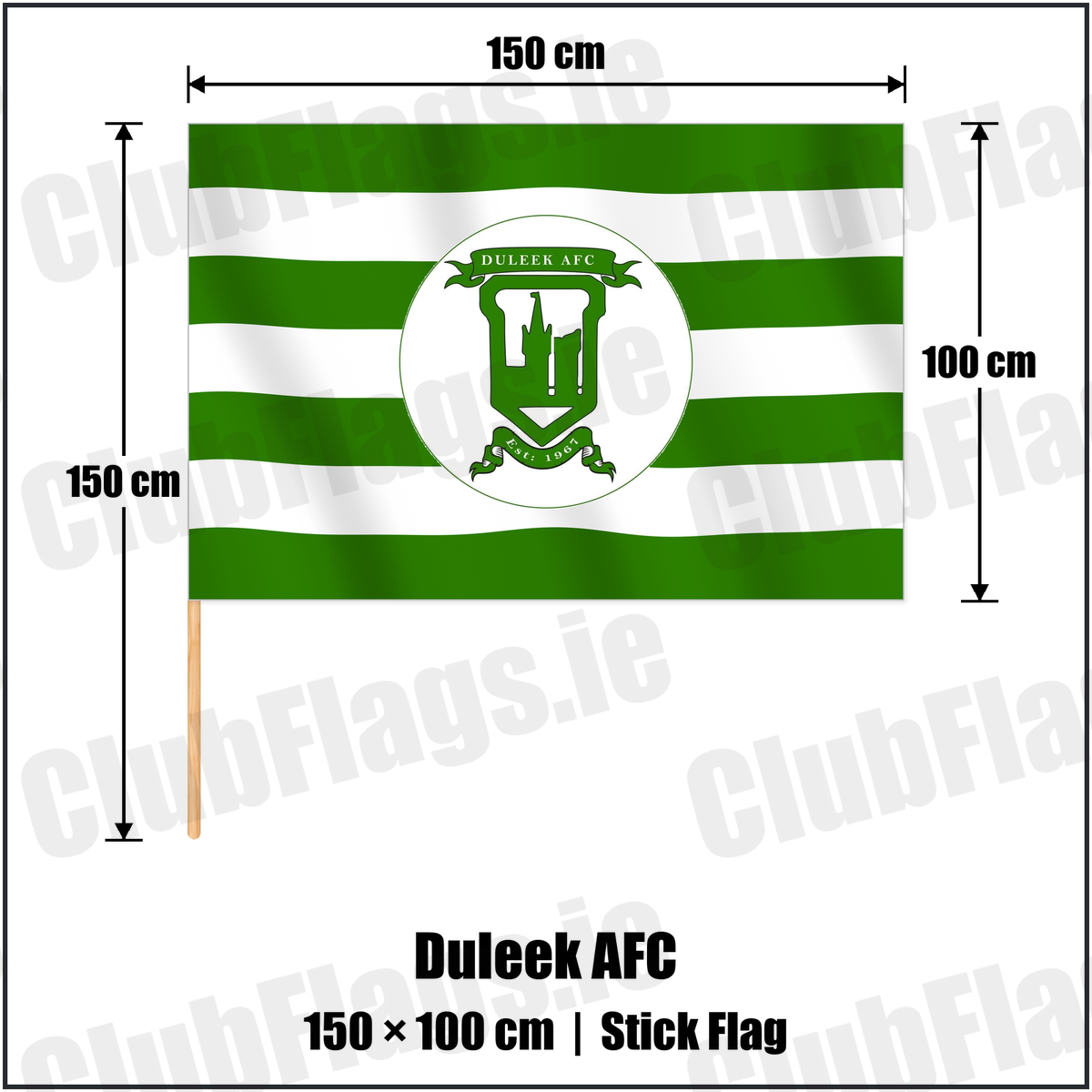 Duleek AFC 100cm x 150cm Stick Flag with the club crest and colours, Meath Football - ClubFlags.ie