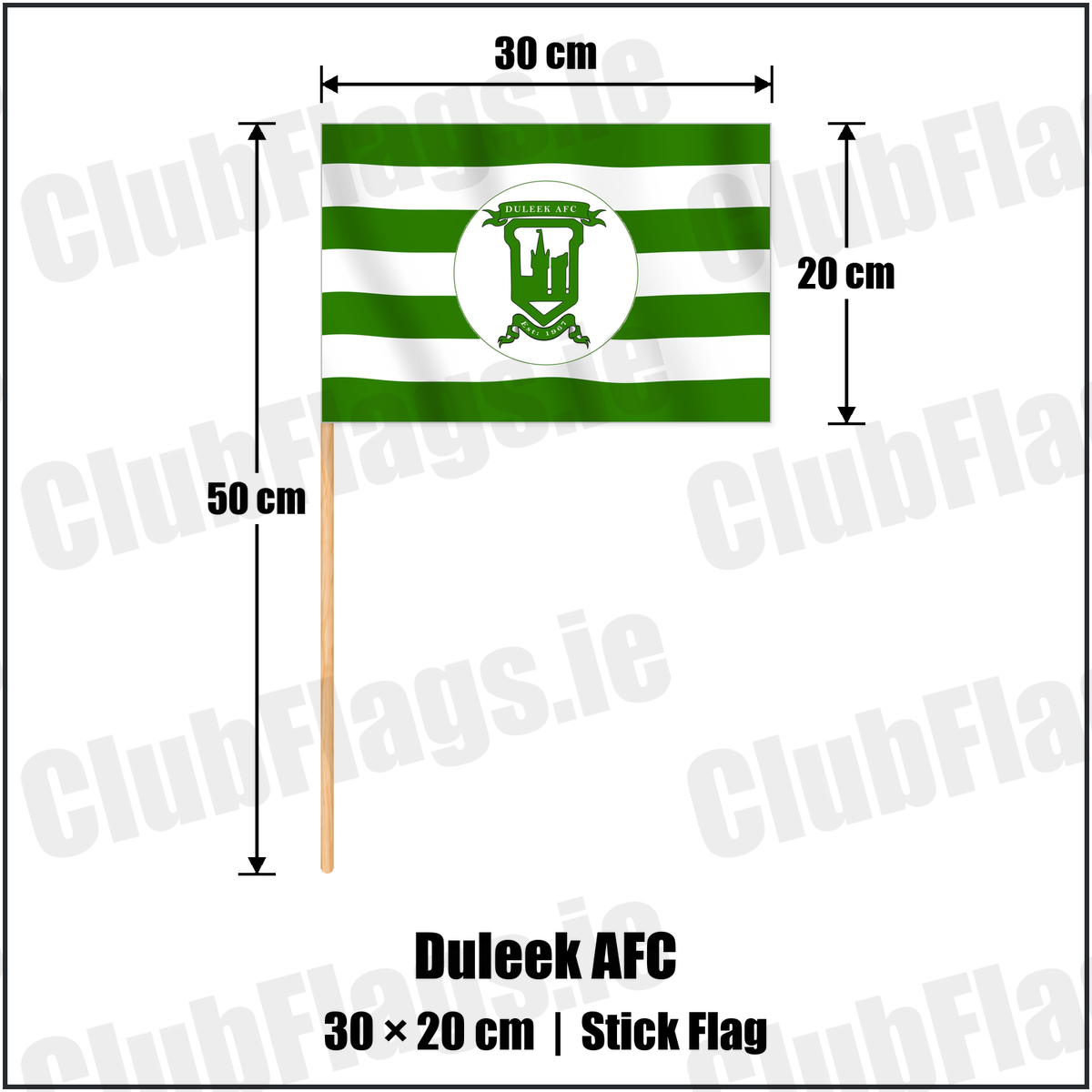 Duleek AFC 20cm x 30cm Stick Flag with the club crest and colours, Meath Football - ClubFlags.ie