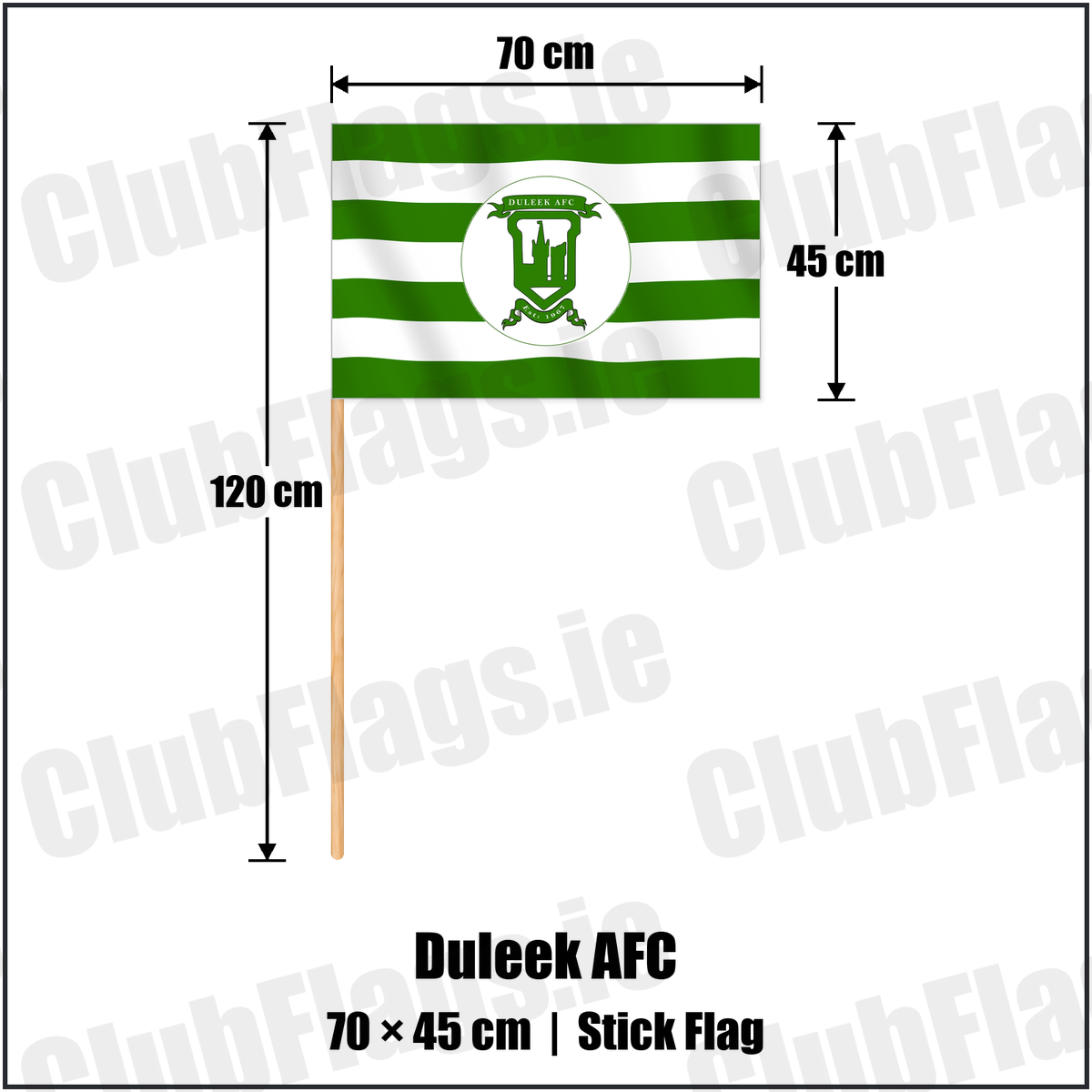 Duleek AFC 45cm x 70cm Stick Flag with the club crest and colours, Meath Football - ClubFlags.ie