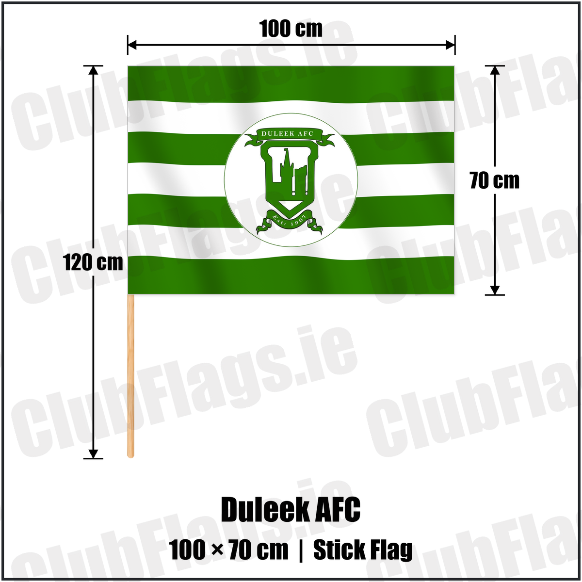 Duleek AFC 70cm x 100cm Stick Flag with the club crest and colours, Meath Football - ClubFlags.ie